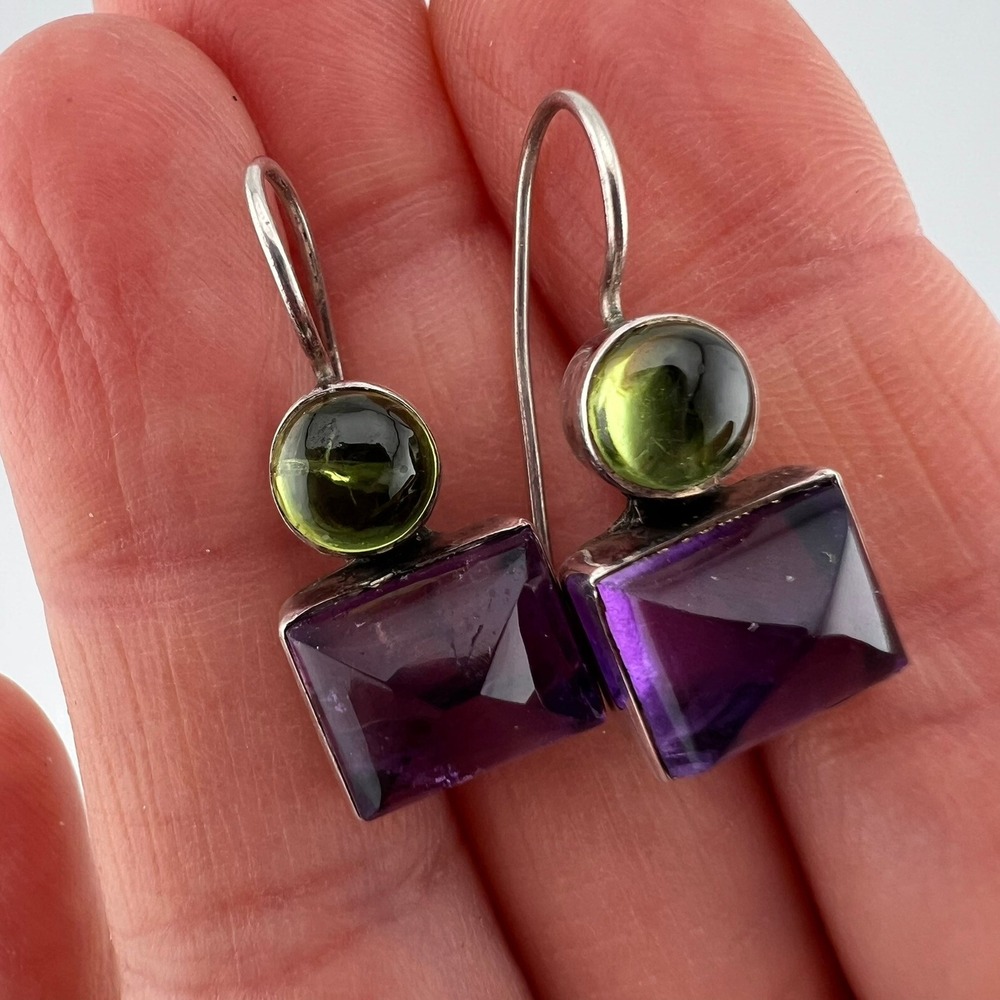 Sterling Silver 925 Purple Green Gemstone Dangle Earrings Amethyst Peridot